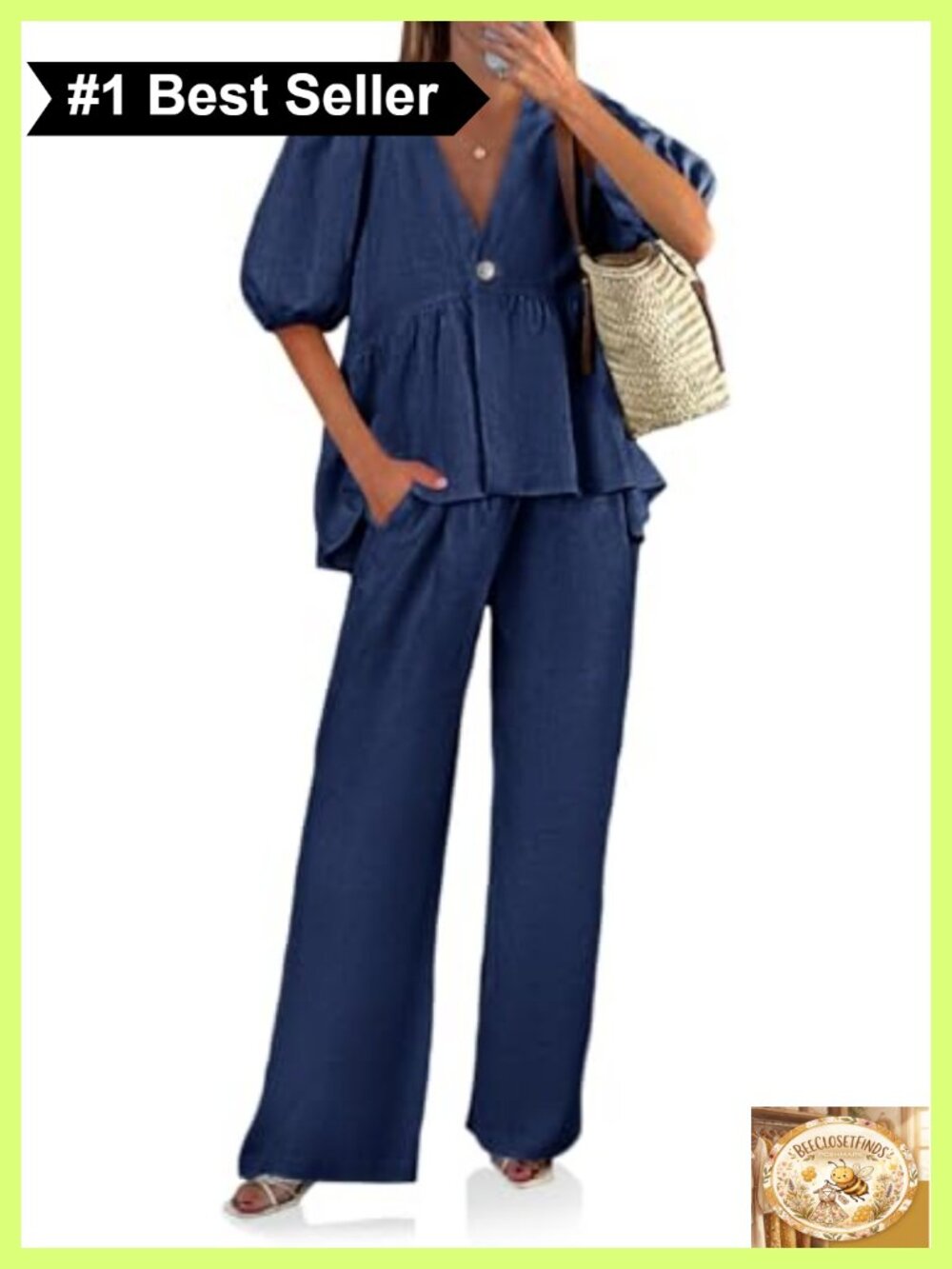 Womens 2 Piece Cotton Linen Lounge Set V Neck Puff Sleeve Wide Leg Pants